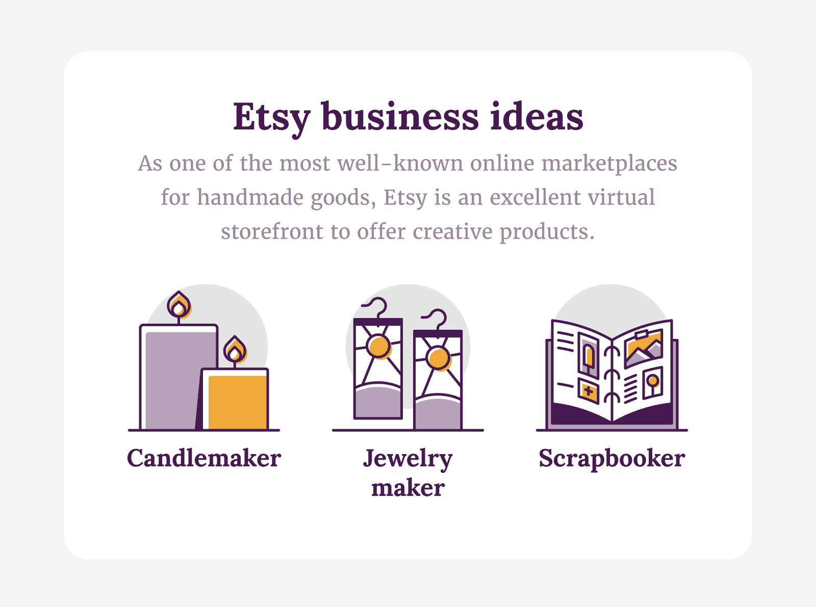 Etsy business ideas like candlemaker, jewelry maker and scrapbooker