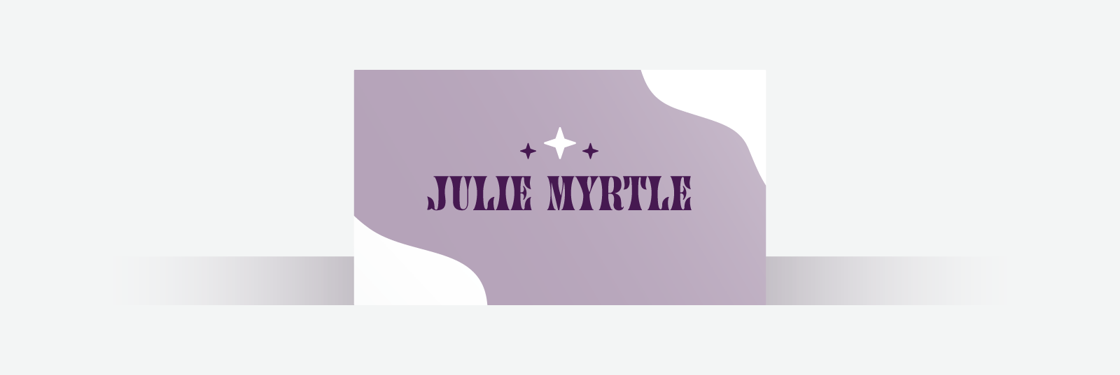 White and purple business card with artistic font and stars