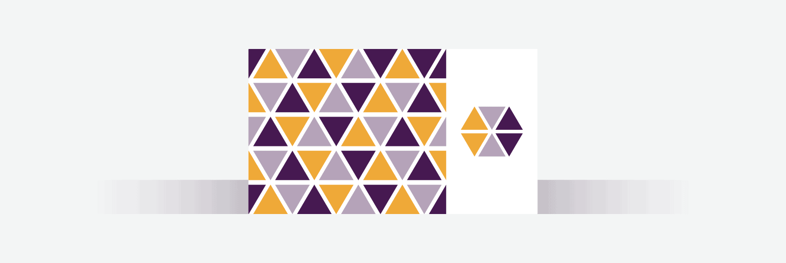 Business card with orange, lavender and dark purple triangles on a white background