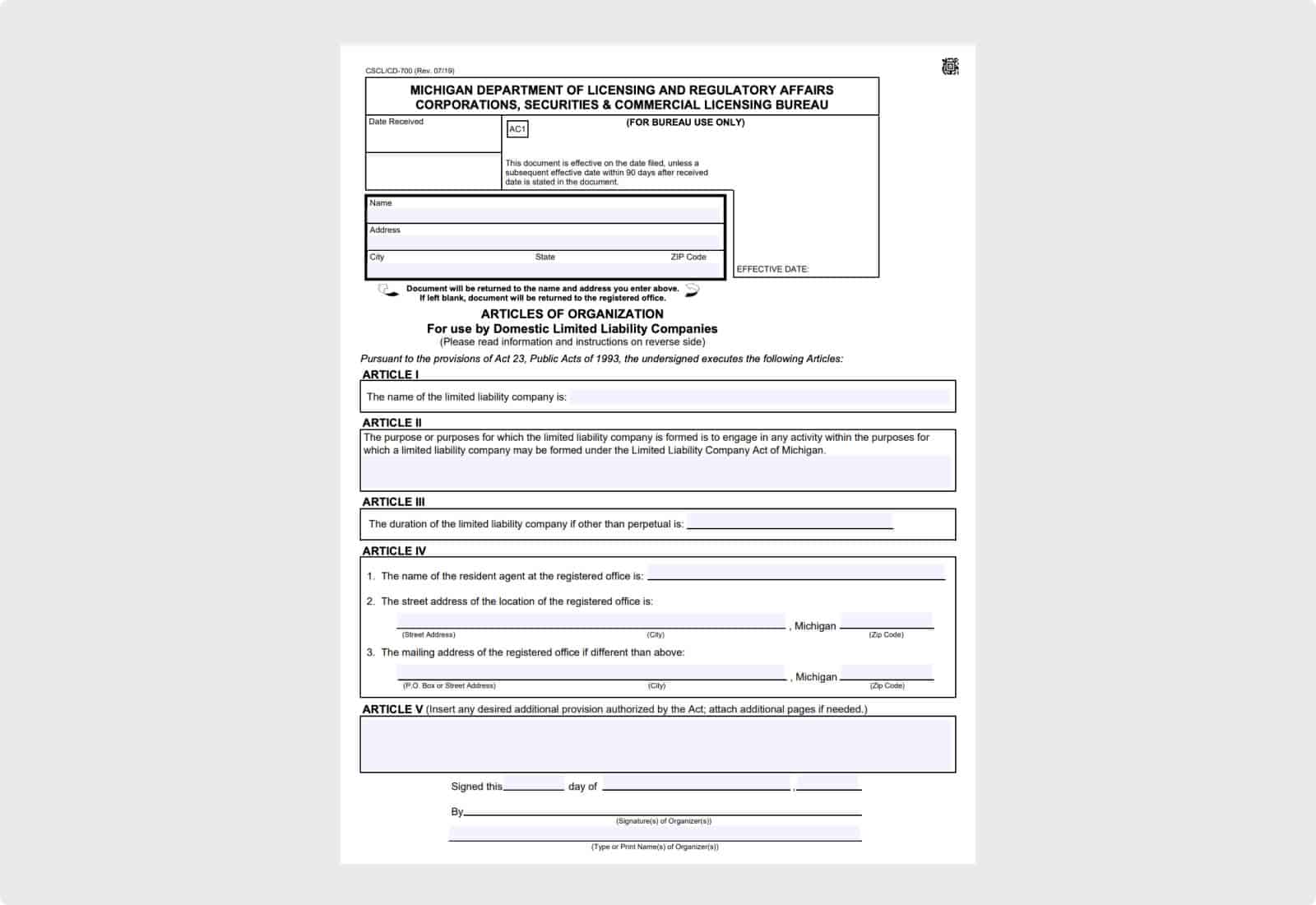 Articles of Organization Form for Michigan