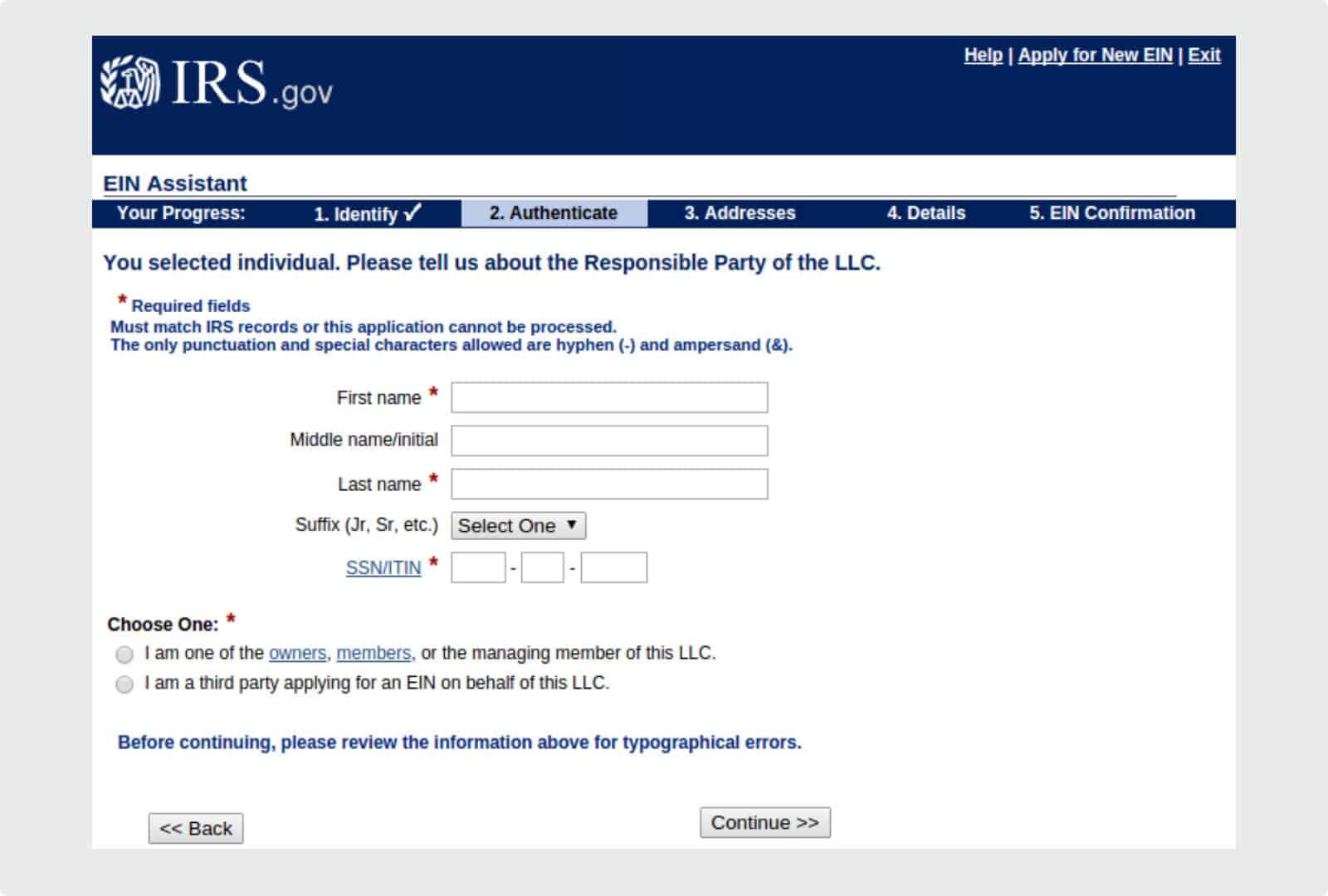 EIN application for new LLC