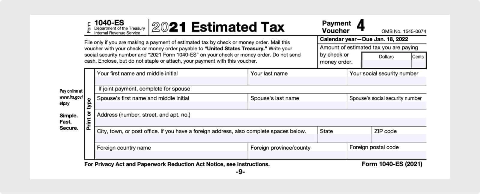 IRS estimated tax payment form 1040-ES
