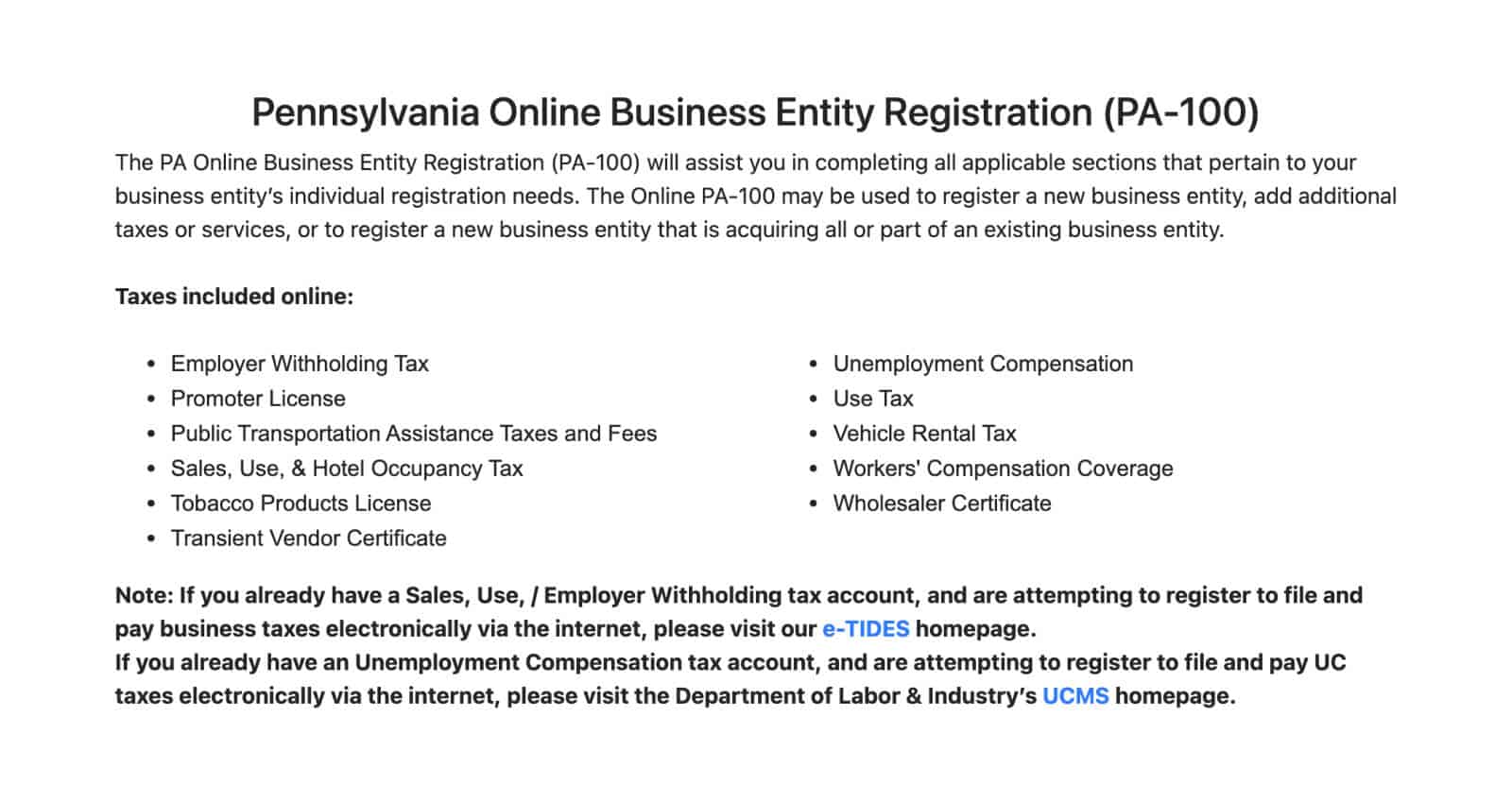 Overview of the Pennsylvania Online Business Entity Registration (PA-100)