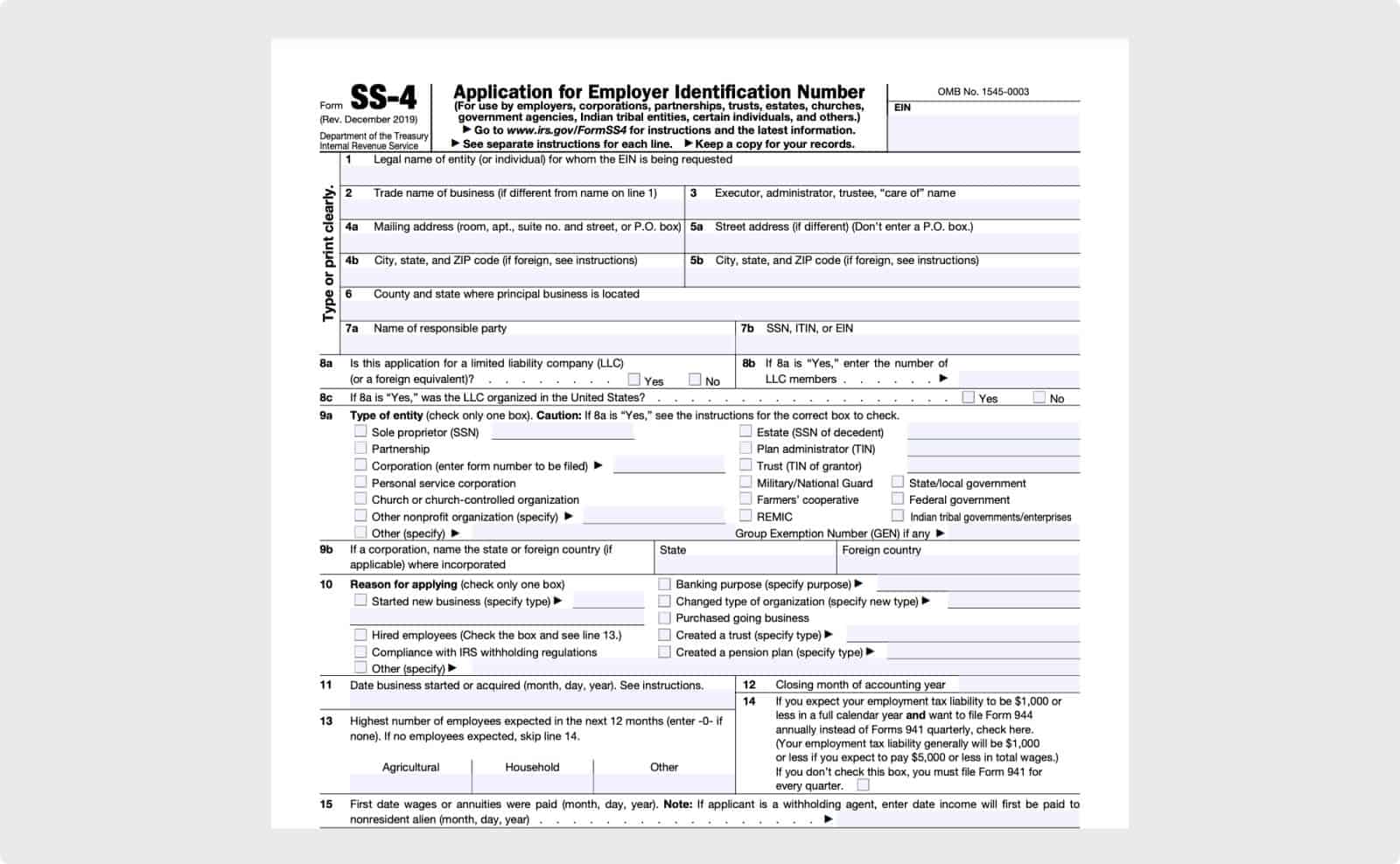 Snippet of IRS Form SS-4 – Application for Employer Identification Number