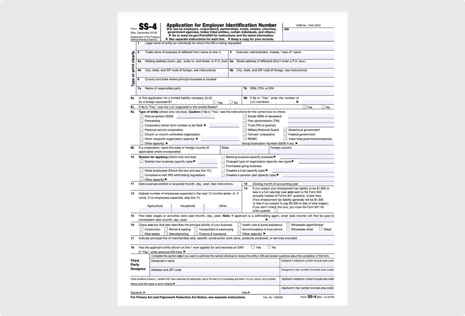 IRS Form SS4 Application for EIN