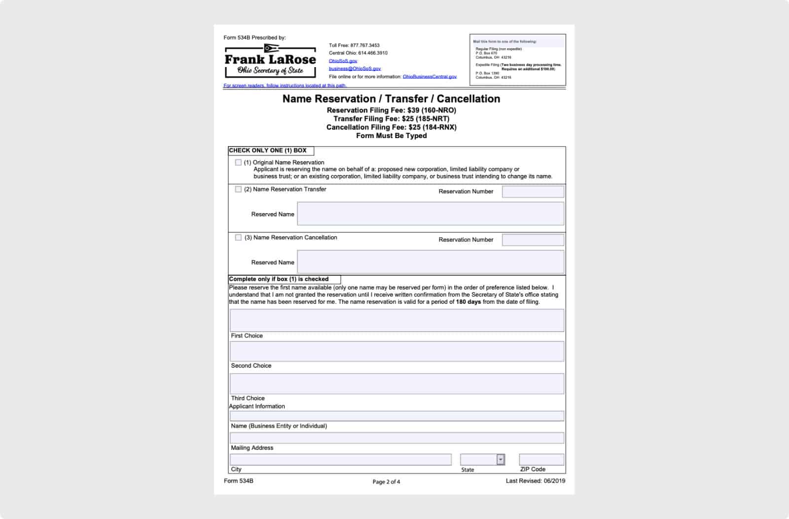 Ohio Name Reservation Form