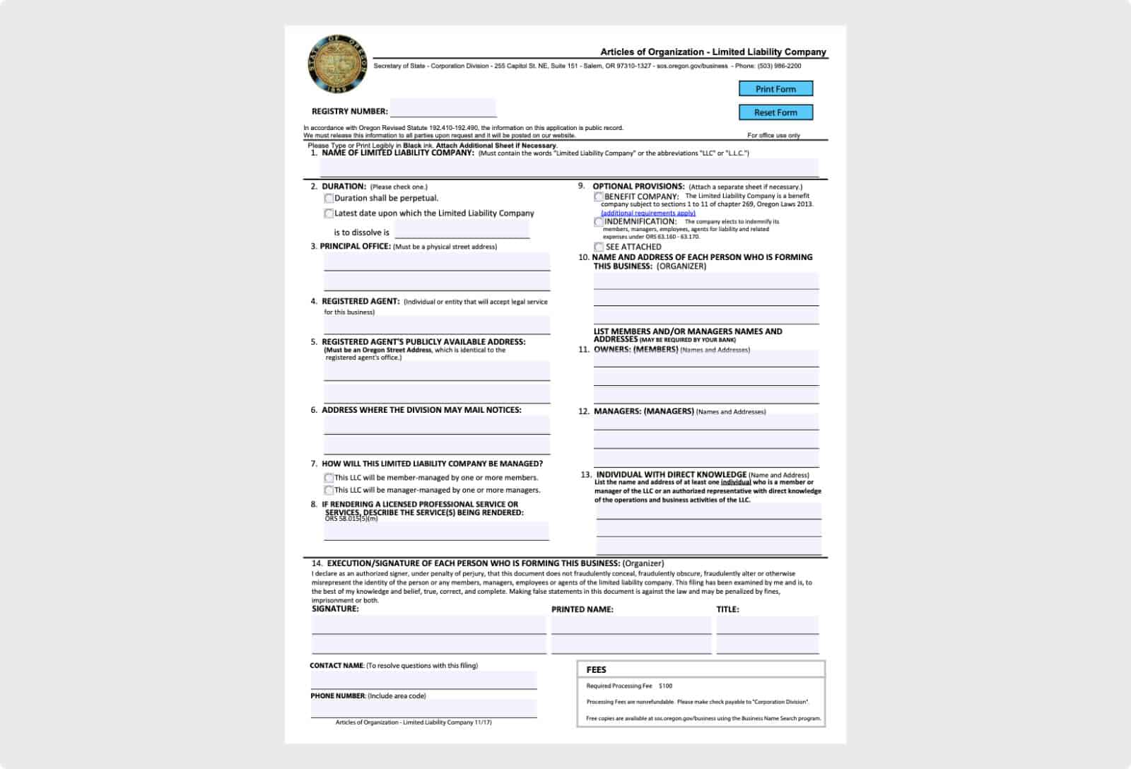 Oregon Articles of Organization filing form