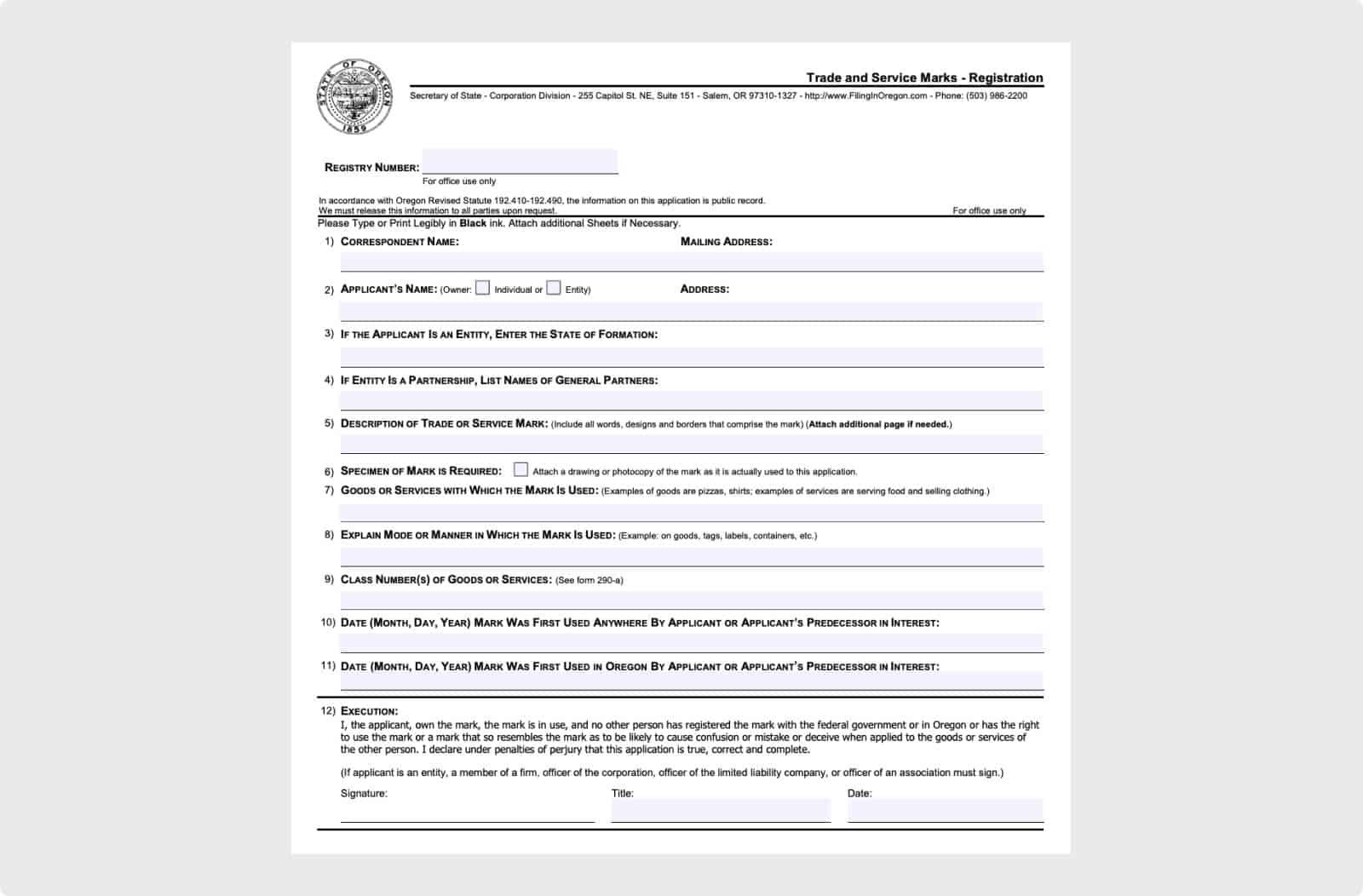 Registration form for trade and service marks