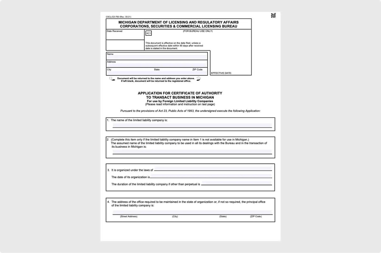 Application for Certificate of Authority to Transact Business in Michigan for Foreign LLCs