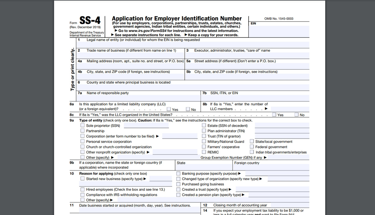 Application for EIN number SS-4