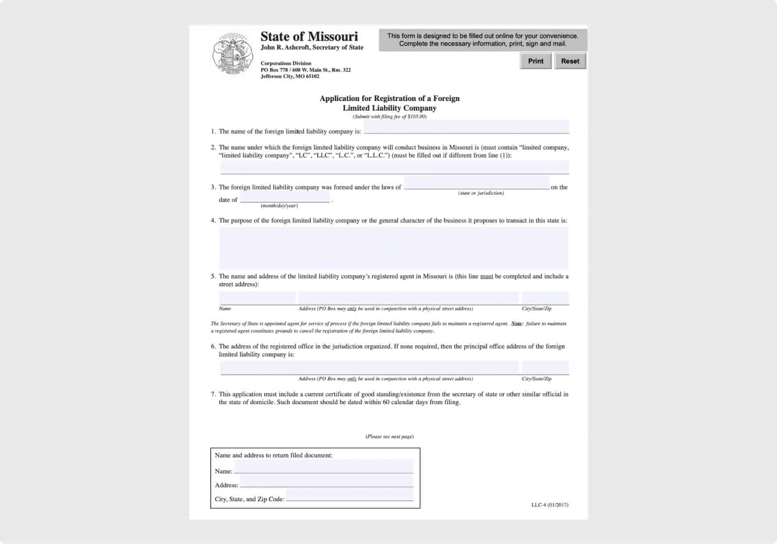 Application for Registration of a Foreign Limited Liability Company (page 1)