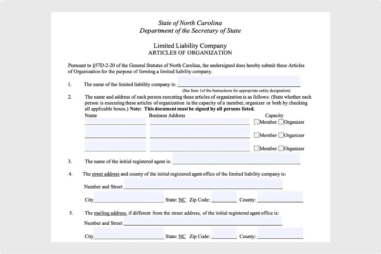 Article of Organization Form in North Carolina