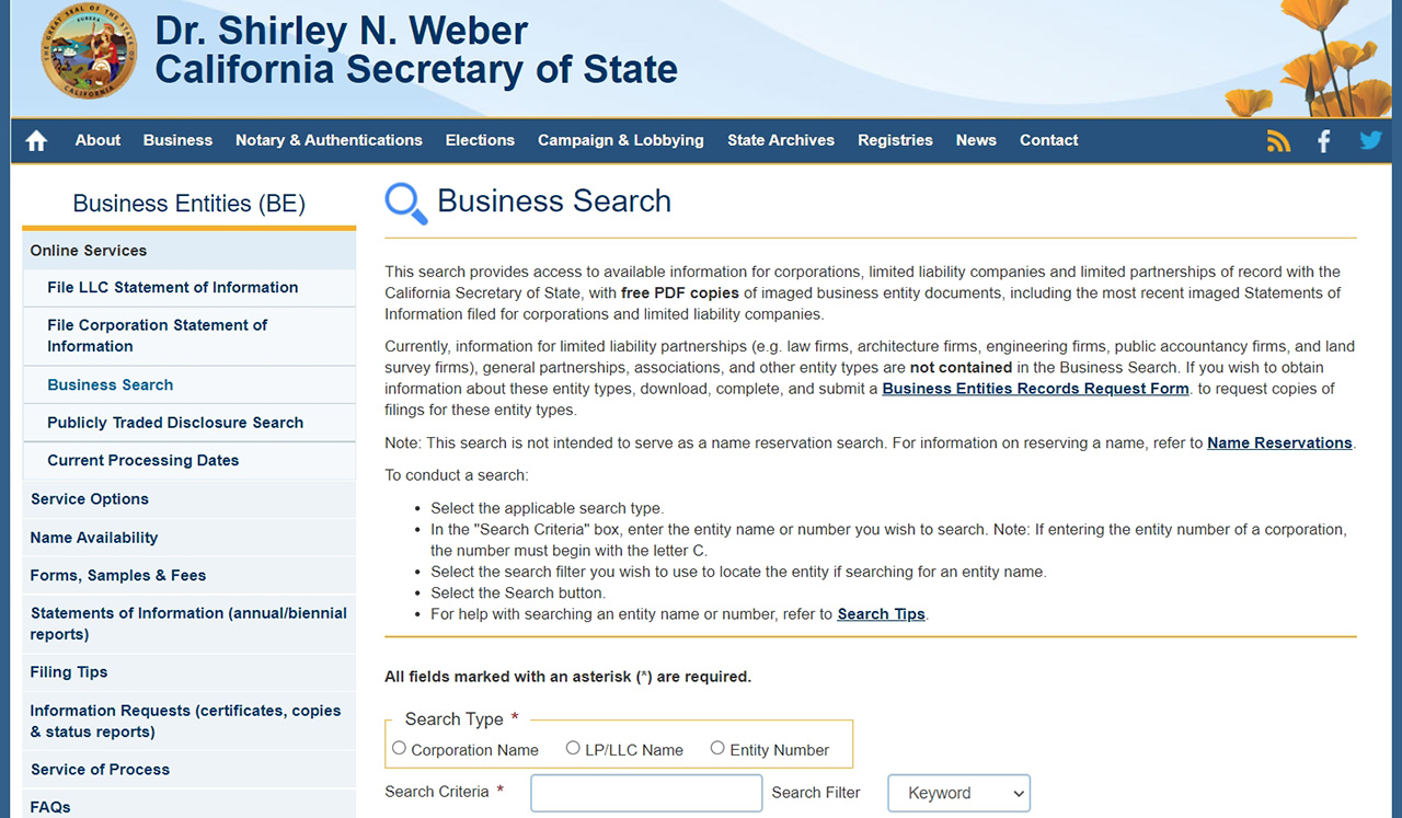 CA Secretary of State Business Search Function