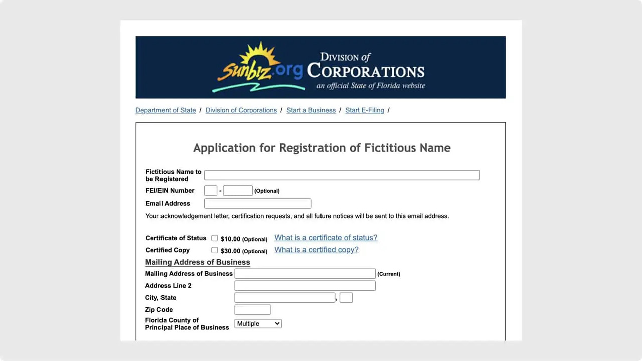 Florida Sunbiz Fictitious Name Registration