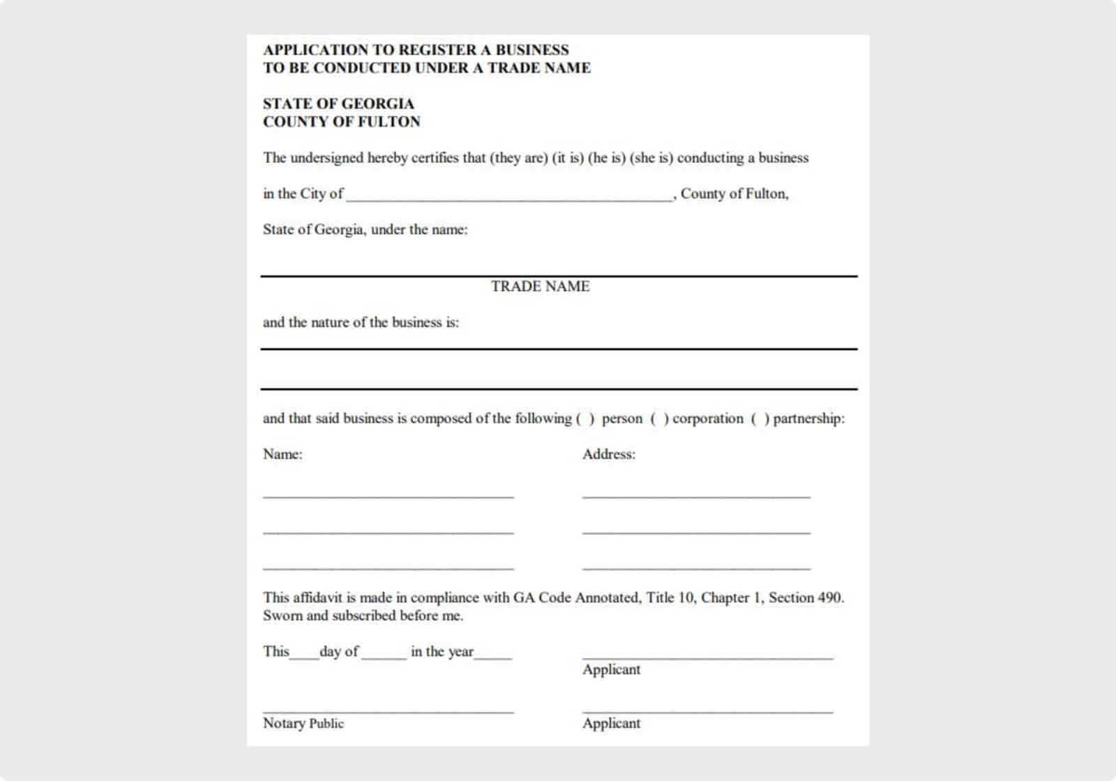 Fulton County Georgia Application to Register a Trade Name