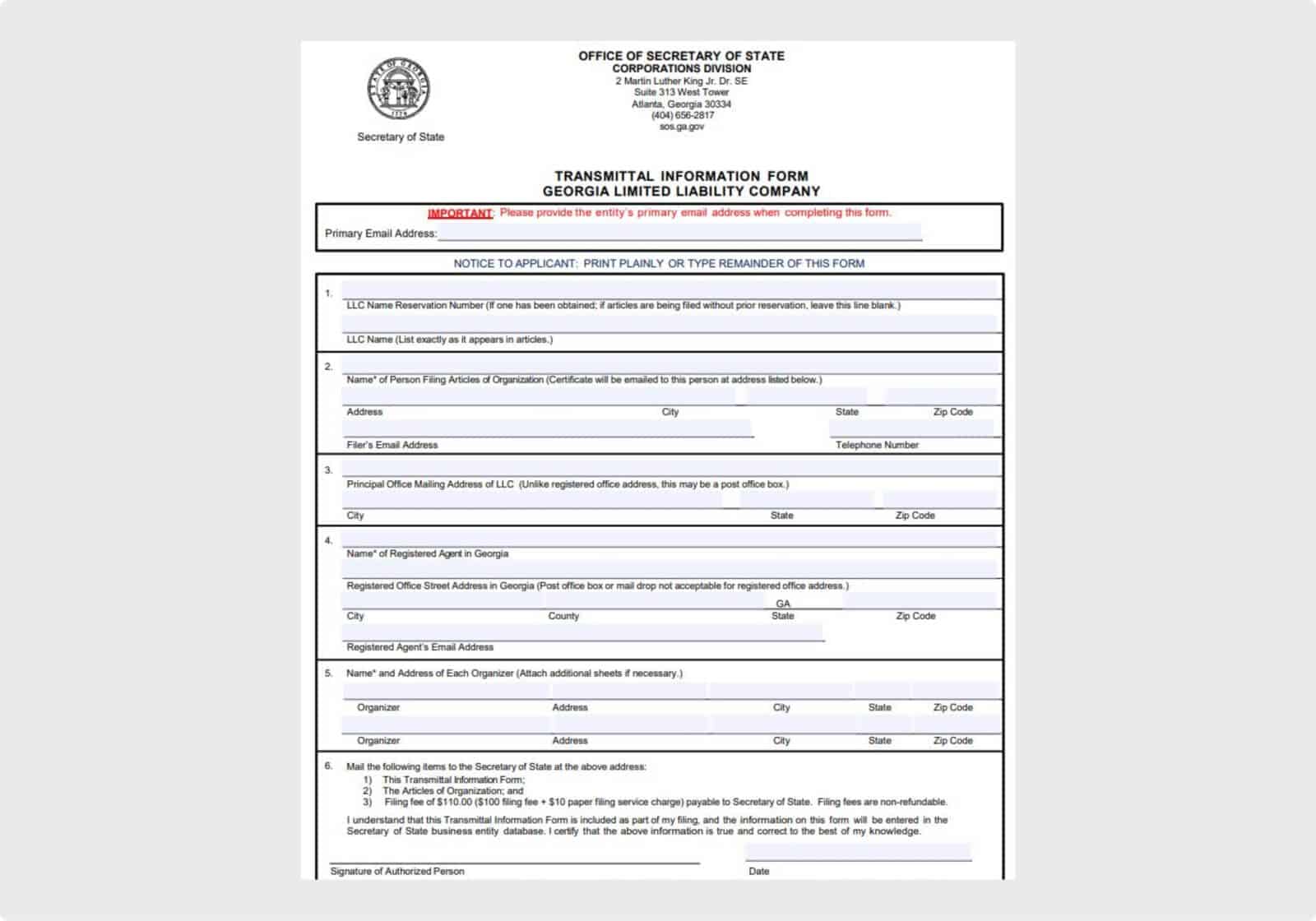 Georgia Secretary of State Transmittal Form When Forming an LLC