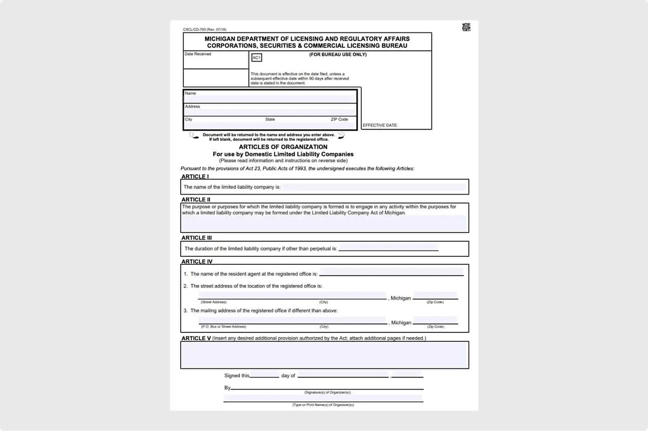Michigan Articles of Organization for Domestic LLC Form 