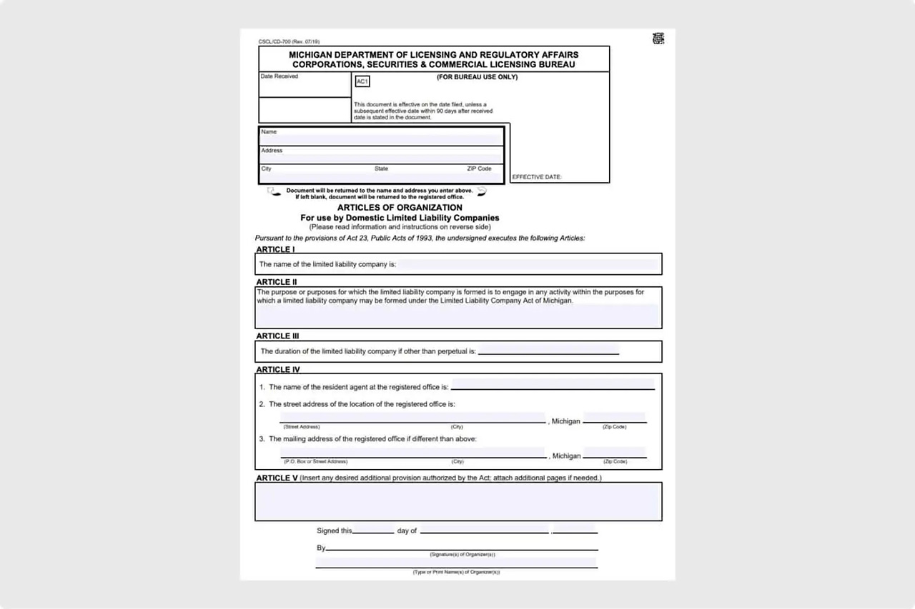 Michigan Articles of Organization for Domestic LLC Form