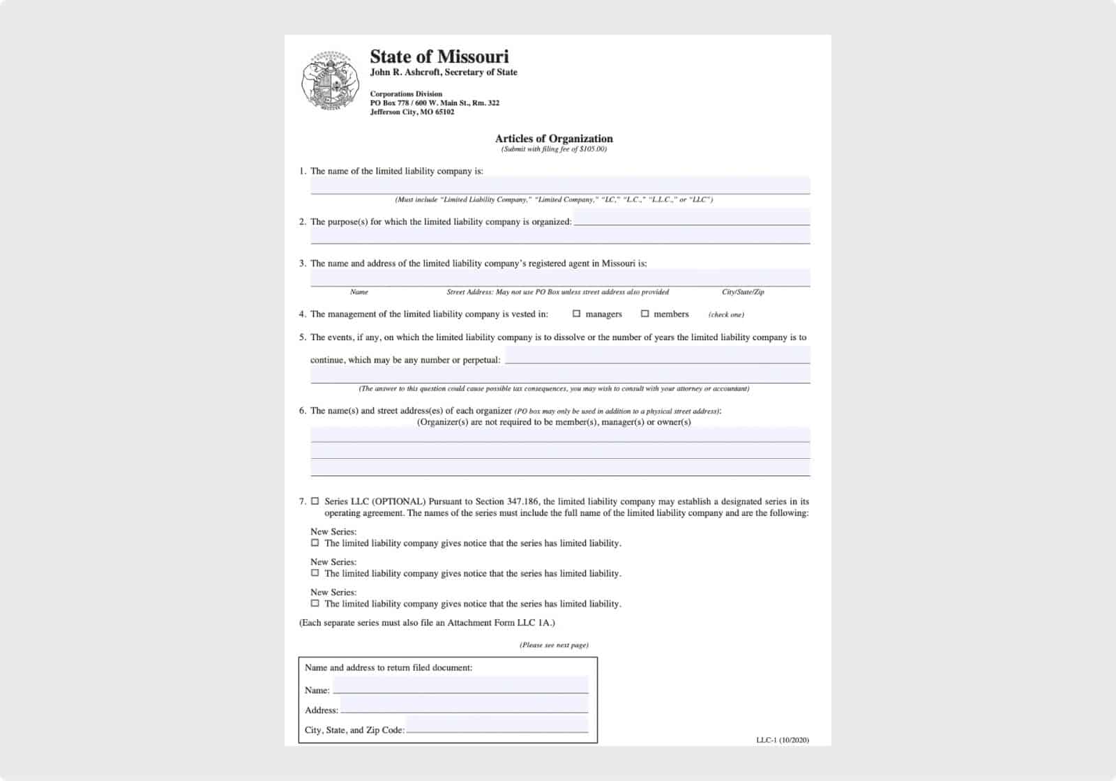 Missouri Articles of Organization (page 1)