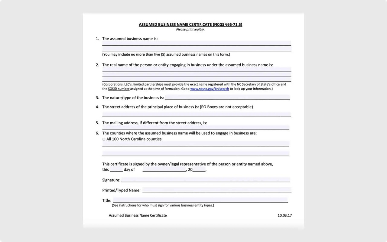 North Carolina Assumed Business Name Certificate form
