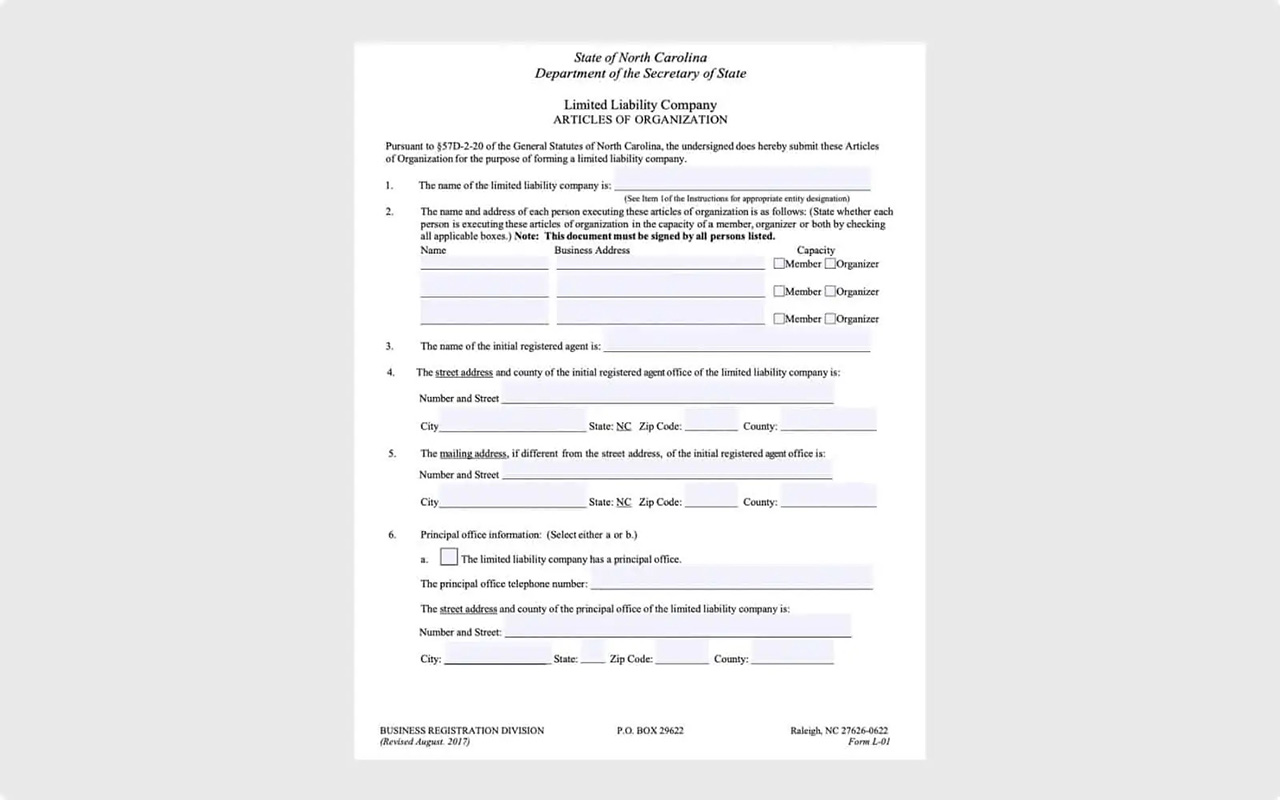 North Carolina Department of Secretary of State, Business Registration Division, Form for LLC Articles of Organization