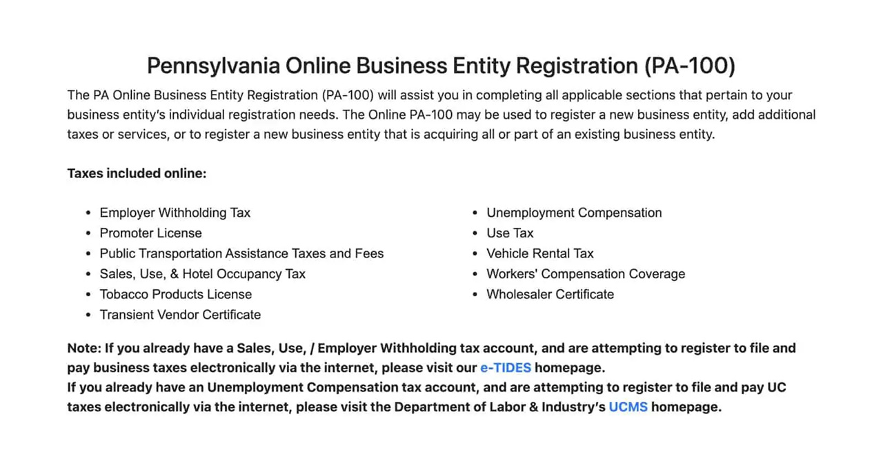 Overview of the Pennsylvania Online Business Entity Registration (PA-100)