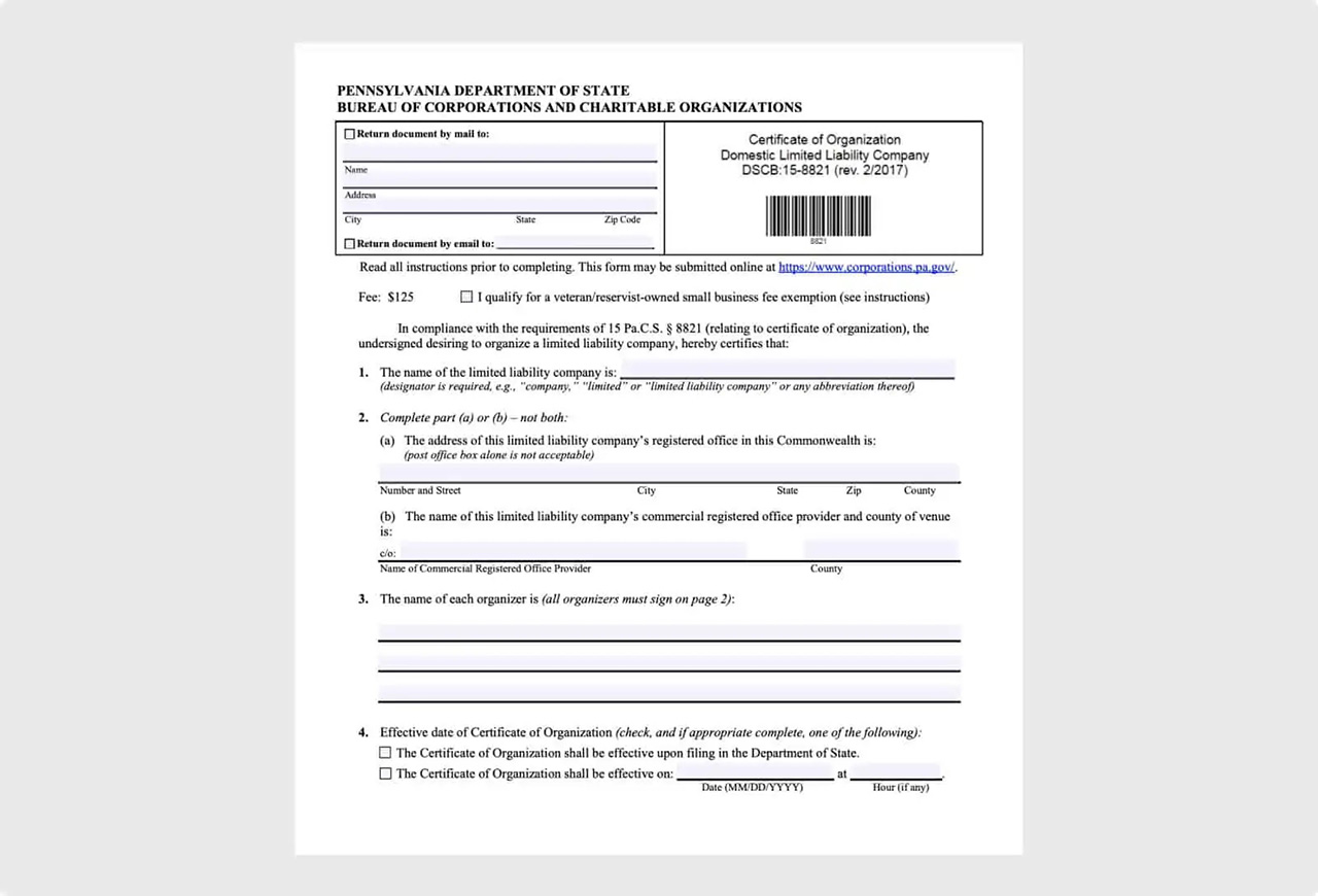 Sample PA LLC Certificate of Organization Form