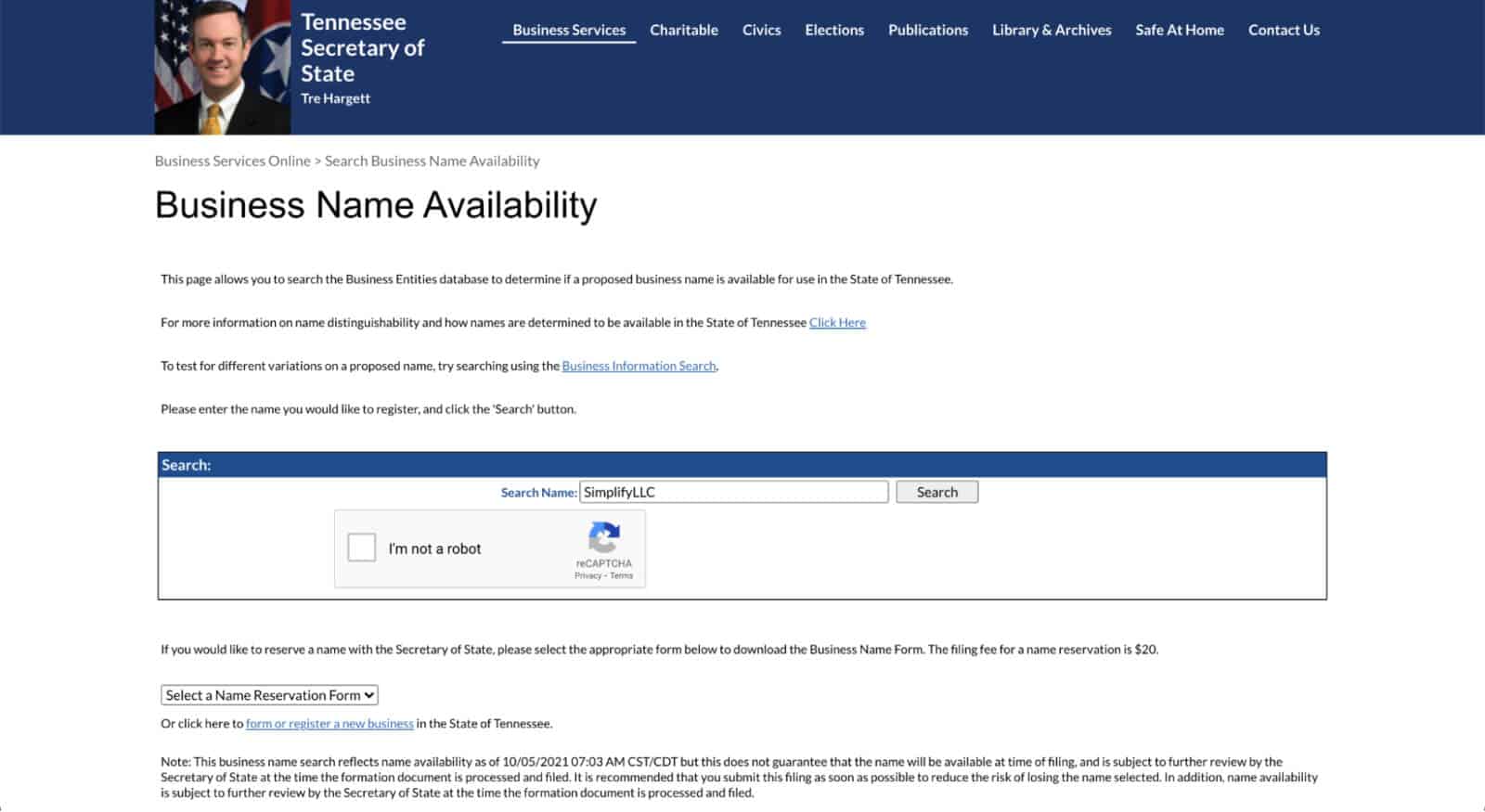 Tennessee Business Name Availability tool