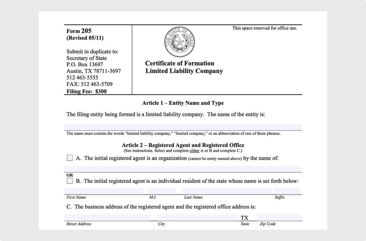 Texas Secretary of State Form 205 Certificate of Formation.