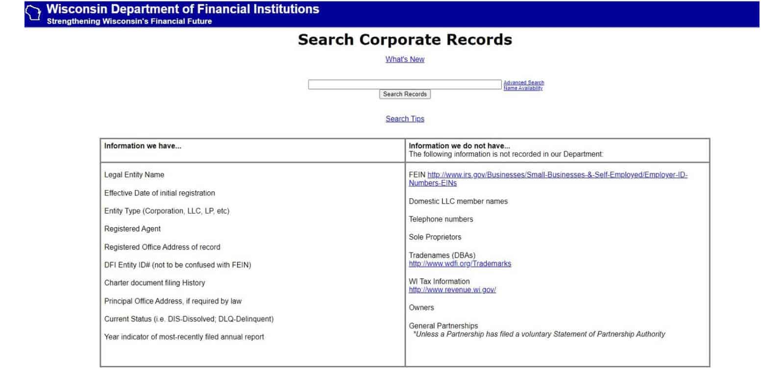 Wisconsin Department of Financial Institutions corporate records search