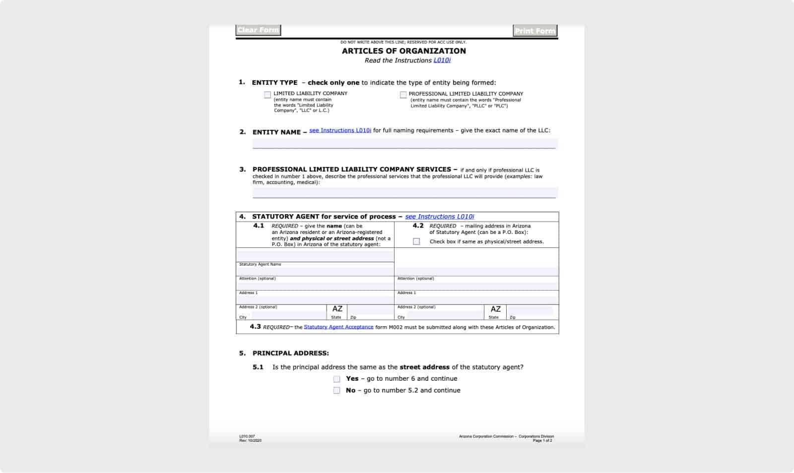 AZ’s Articles of Organization form for LLC formation