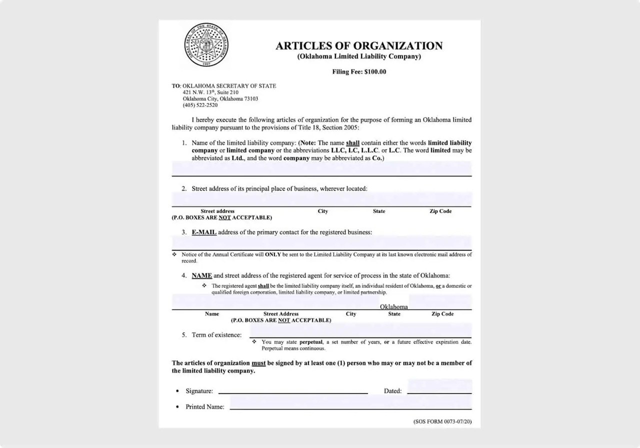 Articles of Organization form for an Oklahoma Limited Liability Company