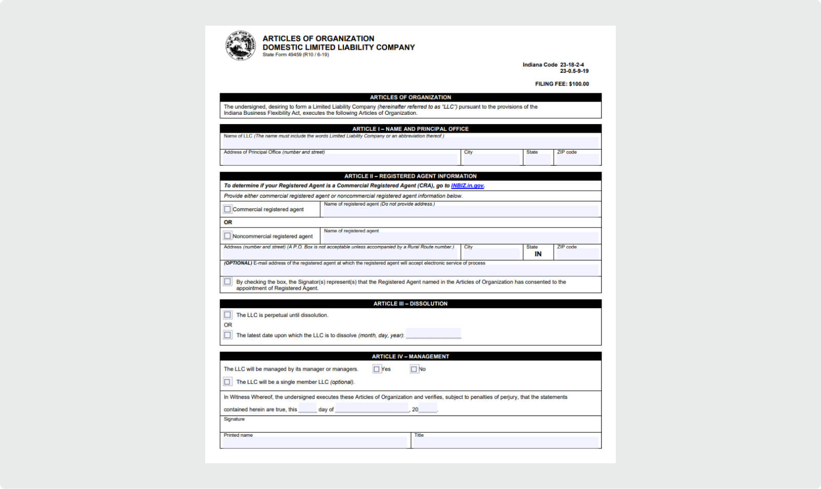 Articles of organization domestic limited liability company