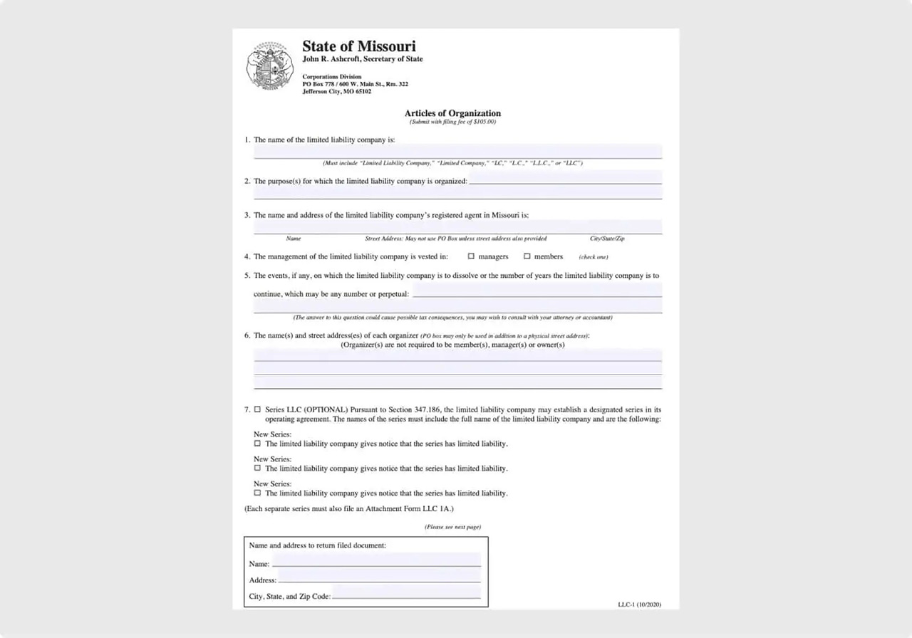 Missouri Articles of Organization page 1