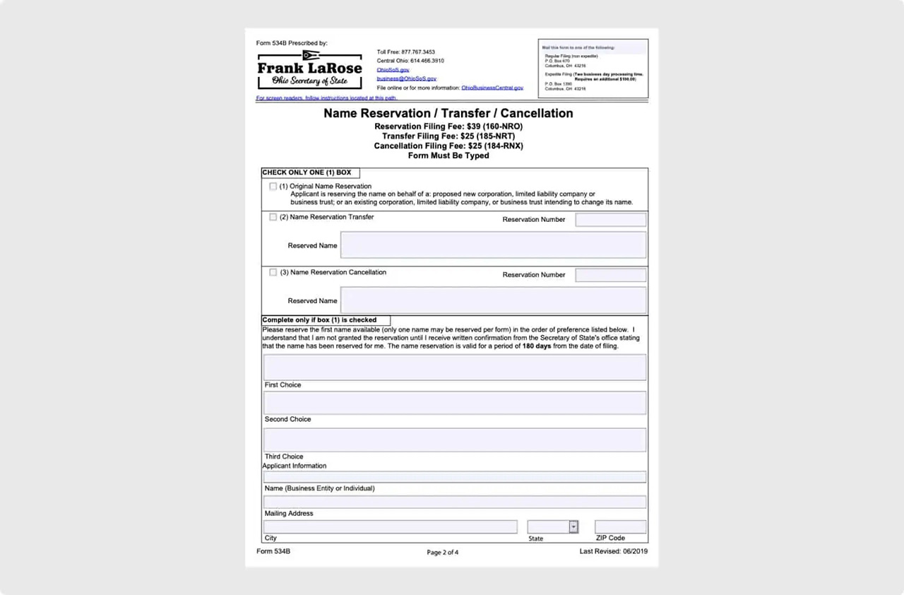 Ohio Name Reservation Form 