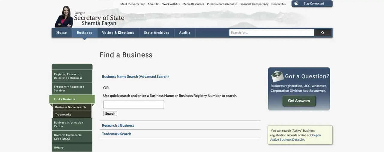 Oregon Secretary of State Business Name Search availability