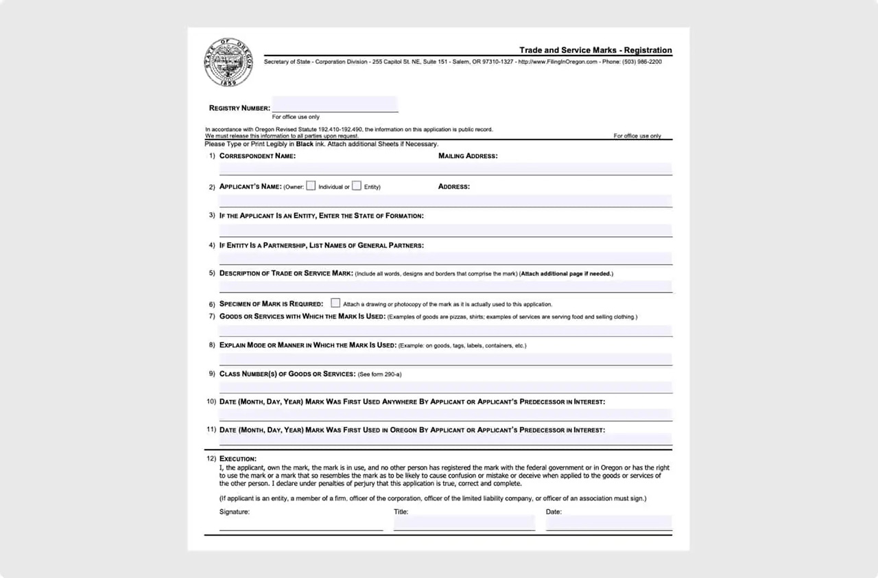 Registration form for trade and service marks