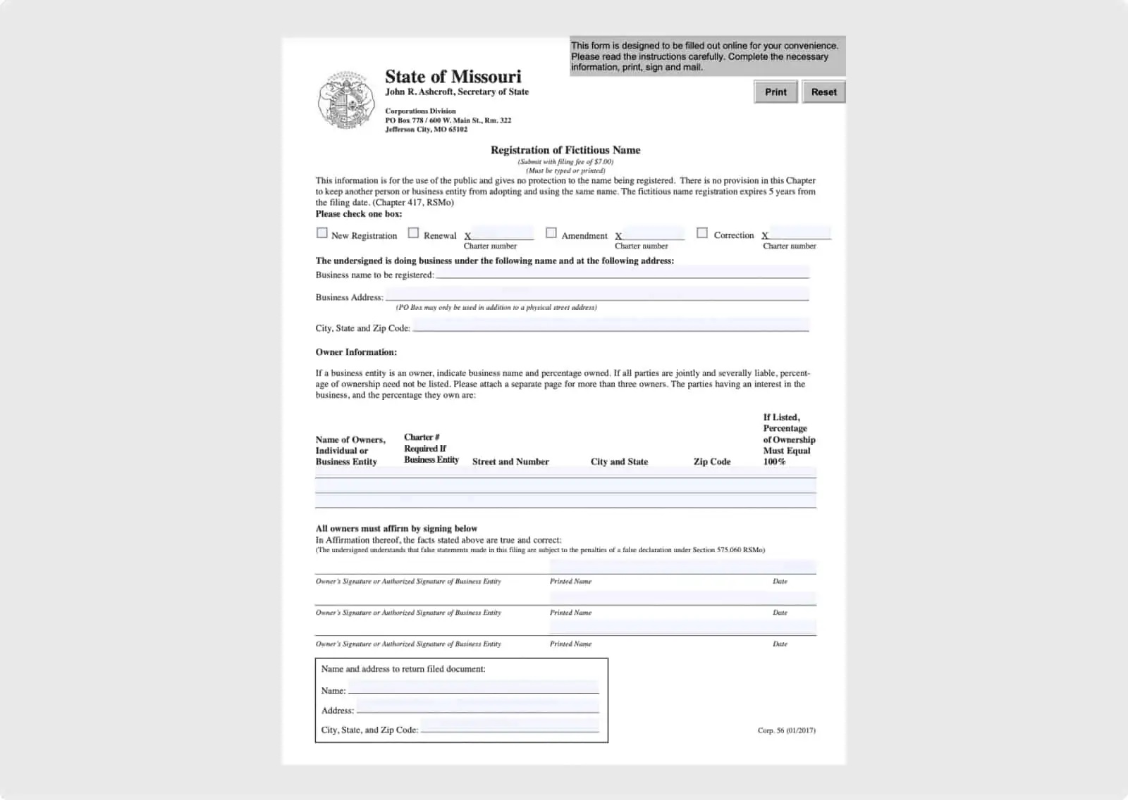Registration of Fictitious Name Form