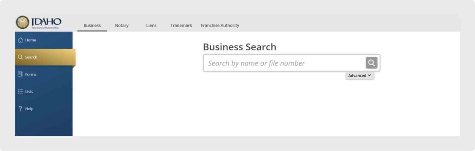Screenshot of Idaho Secretary of State Business Name Search
