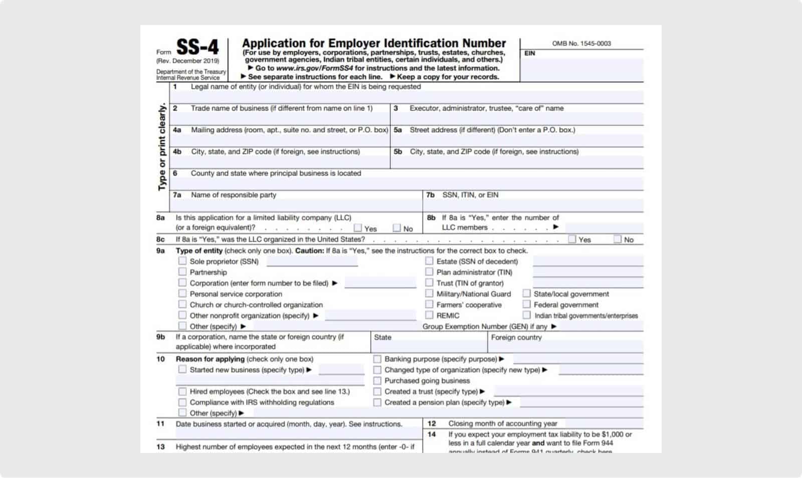 Snippet of the top half of IRS Form SS-4