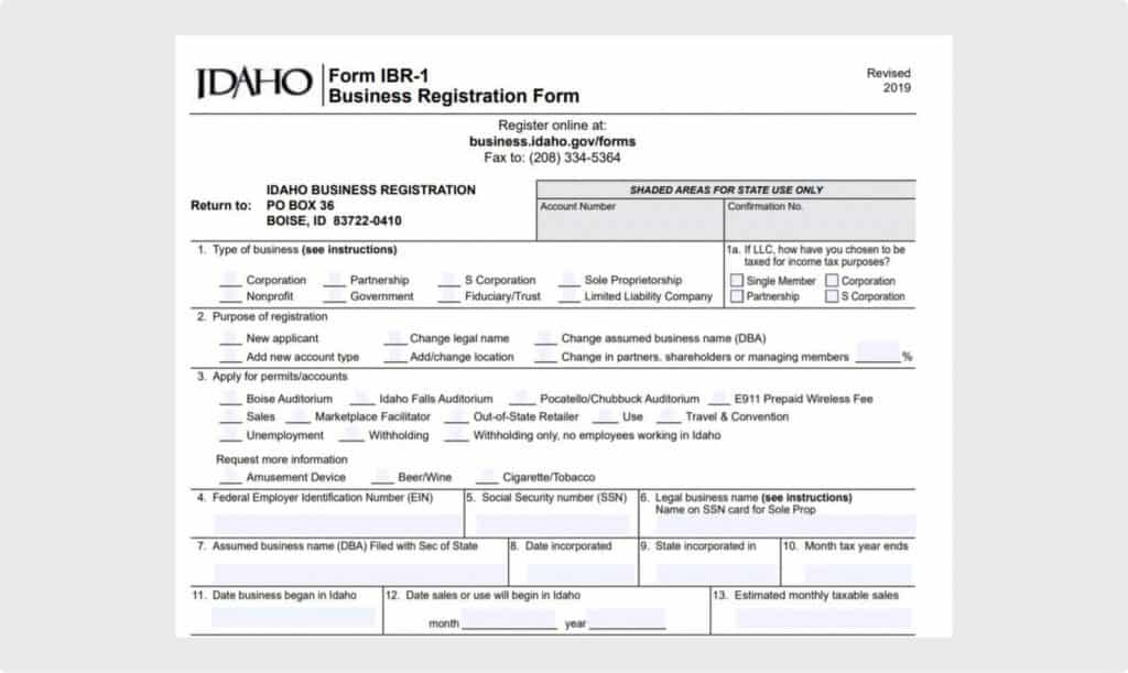 Snippet of the top half of Idaho IBR-1 form