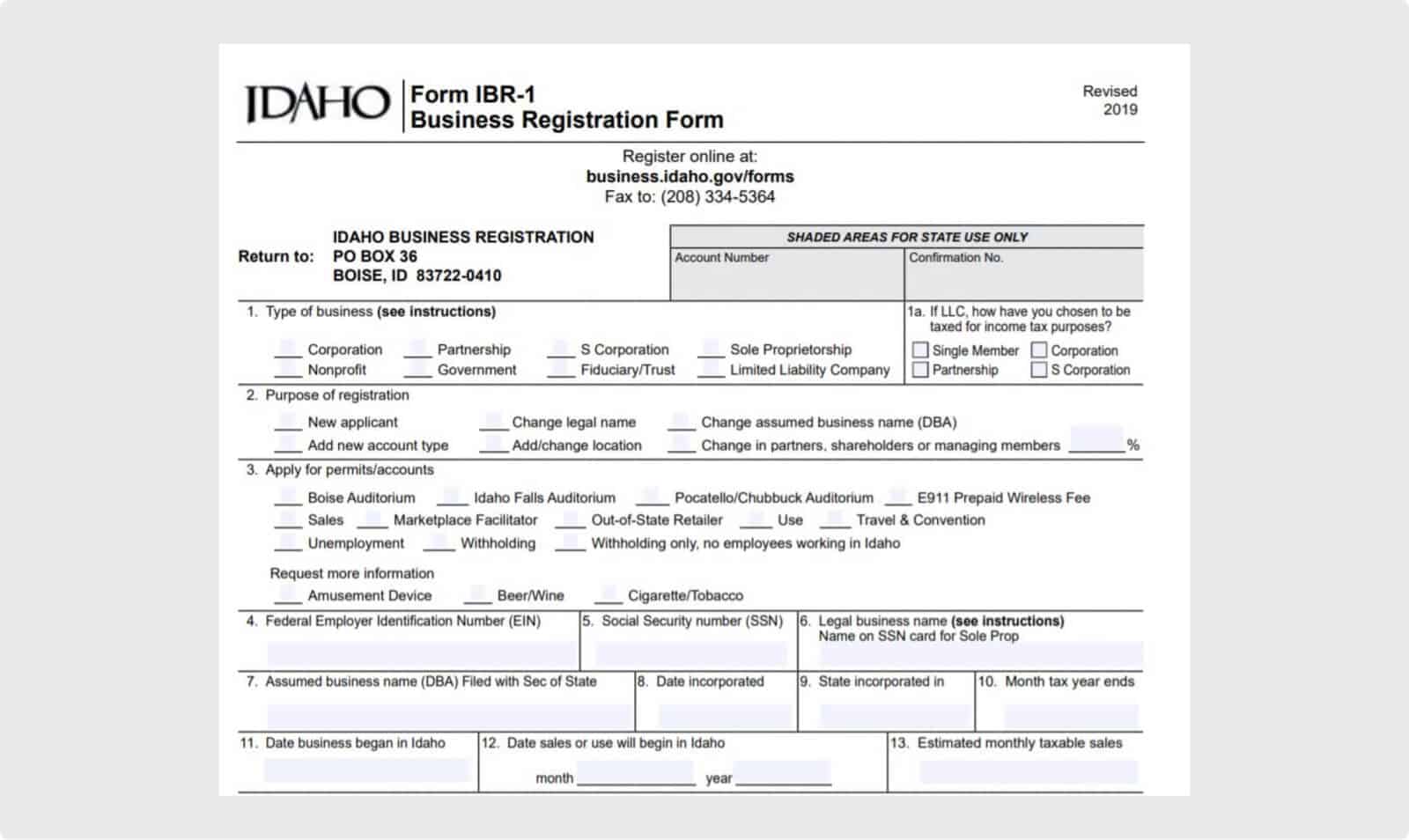 Snippet of the top half of Idaho IBR-1 form