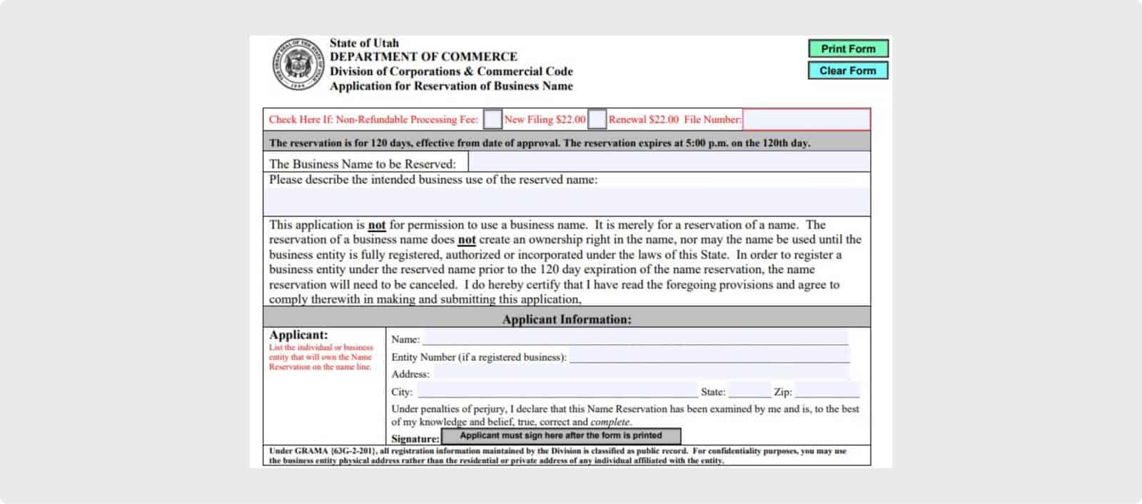 State of Utah Business Name Registration Form