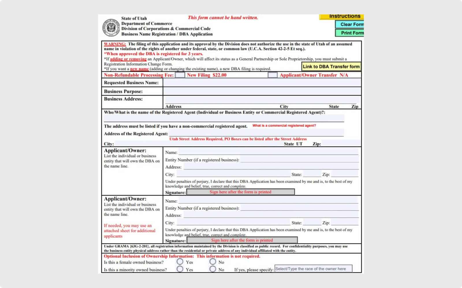 State of Utah Business Name Reservation Form