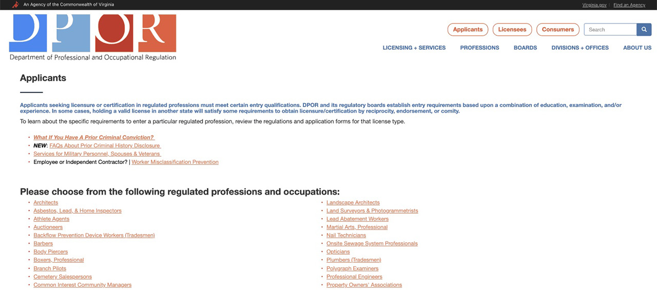 Virginia Department of Professional and Occupational Regulation