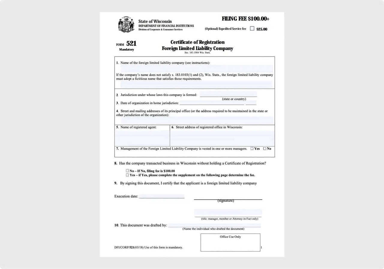 Wisconsin Certificate of Registration foreign LLC form