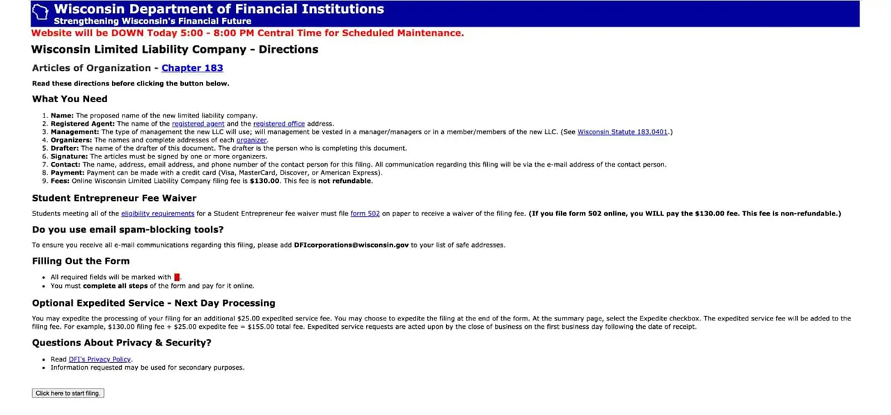 Wisconsin Department of Financial Institutions’ QuickStart LLC directions for Domestic LLC formation