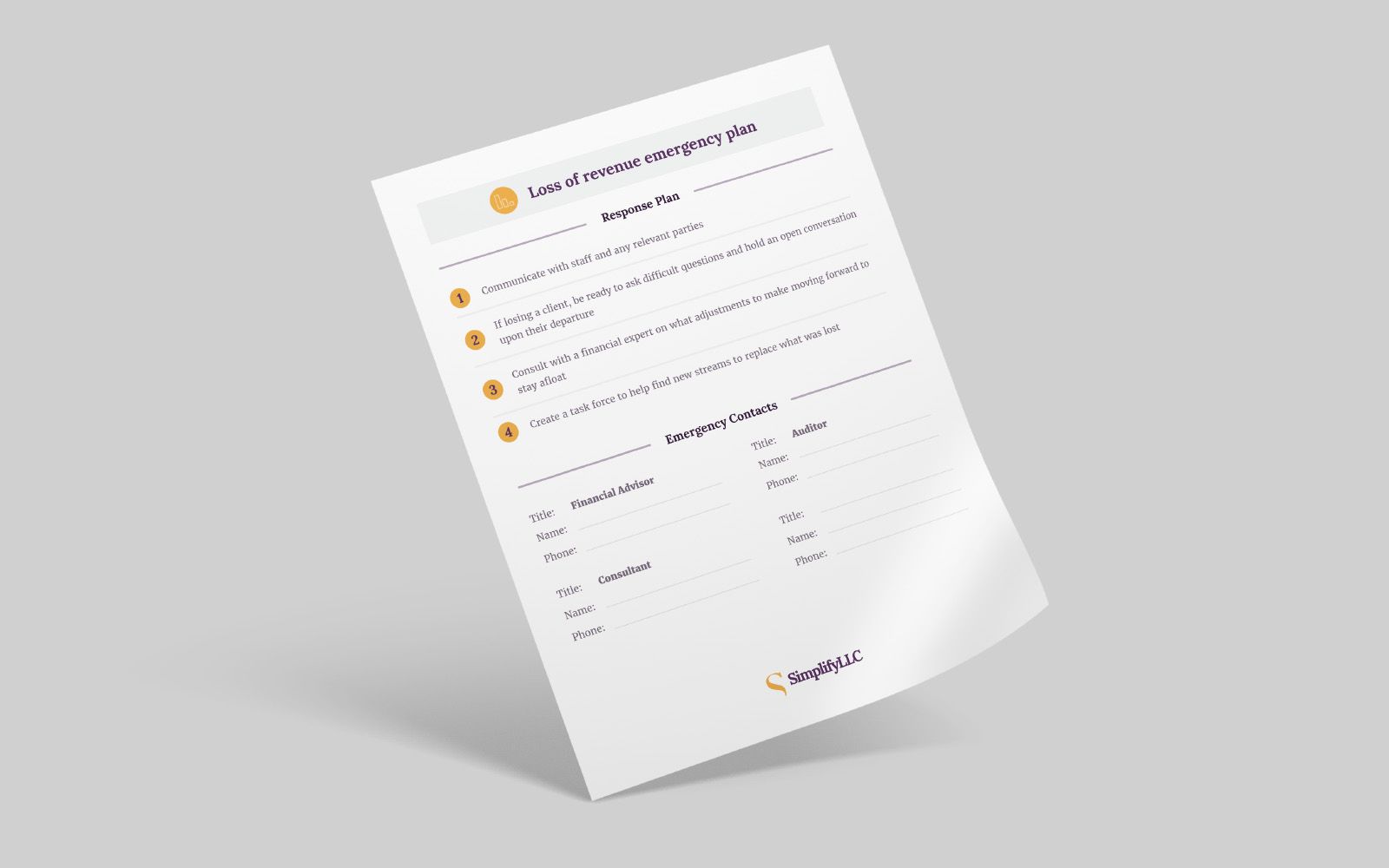 Mockup of loss of revenue emergency plan printable