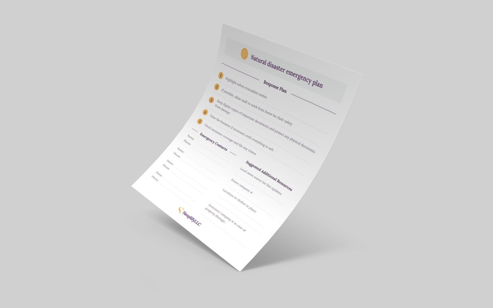 Mockup of natural disaster emergency plan printable