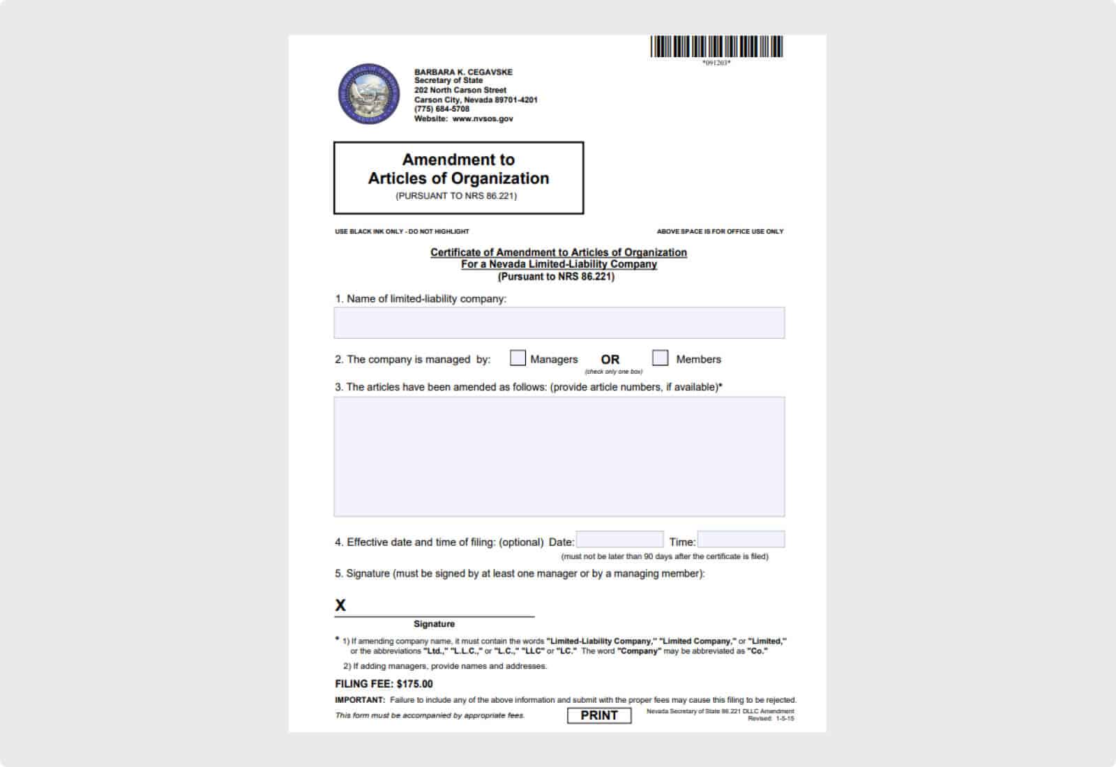 Amendment to Articles of Organization state form in Nevada.